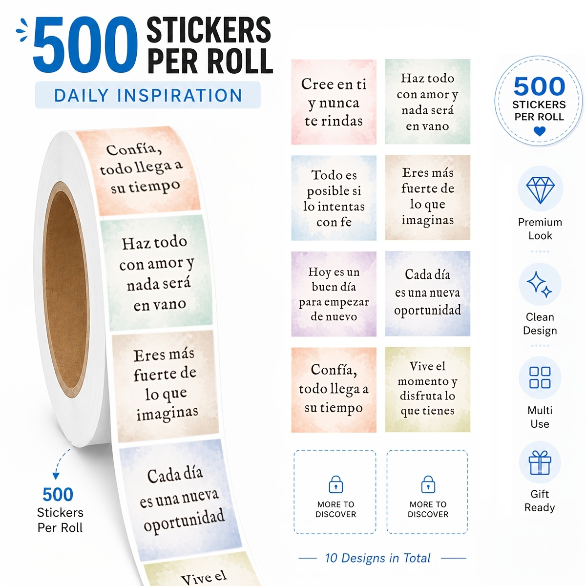 TEMU Rollo de 500 pegatinas inspiradoras en español, etiquetas con citas motivacionales para empaquetado, envoltura de regalos, de sobres, diarios y