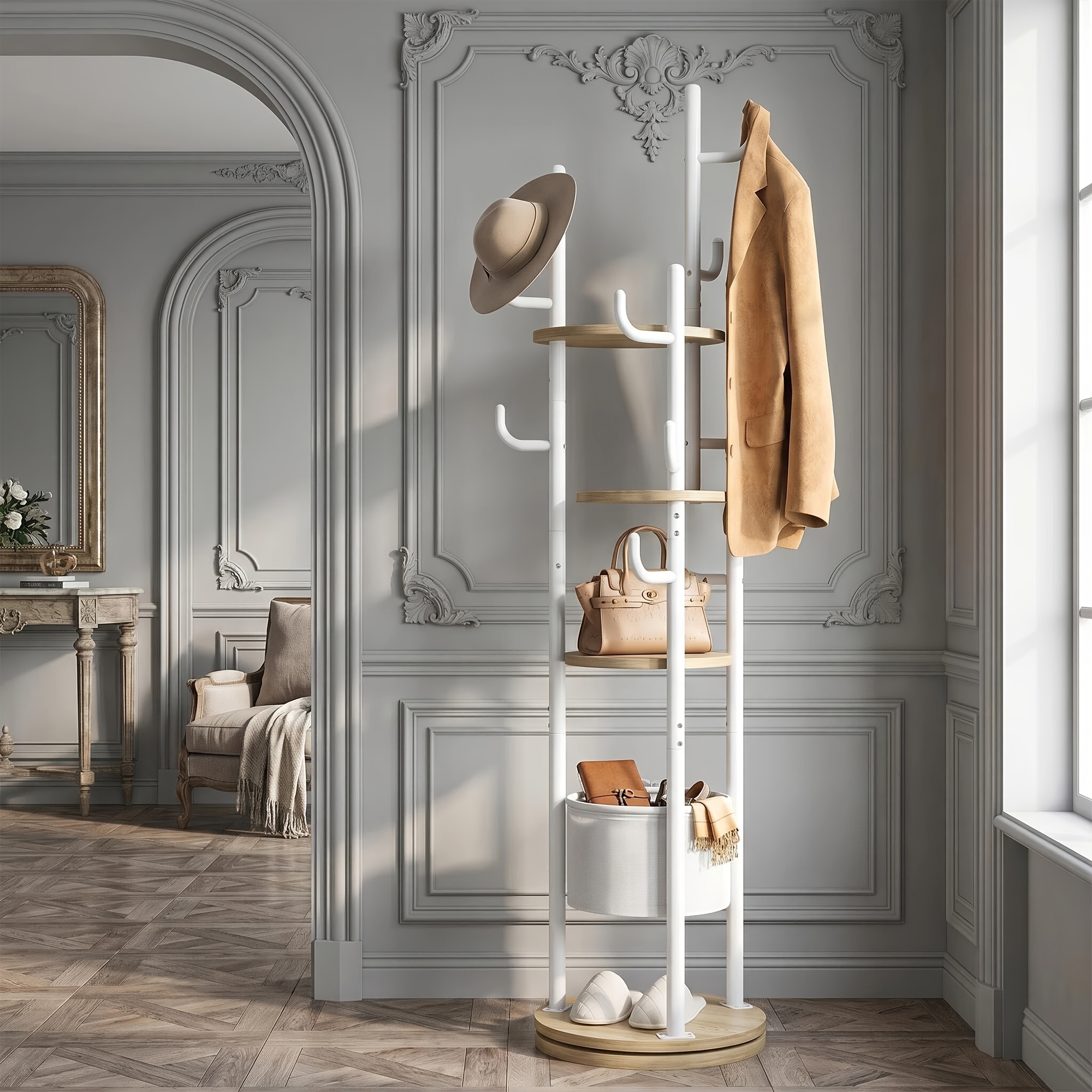 TEMU Easy Rotating Floor-standing Coat Rack, White Wood And Metal Mixed-style Vertical Storage Rack, L-shaped Hooks, Four-tier Shelf With Storage