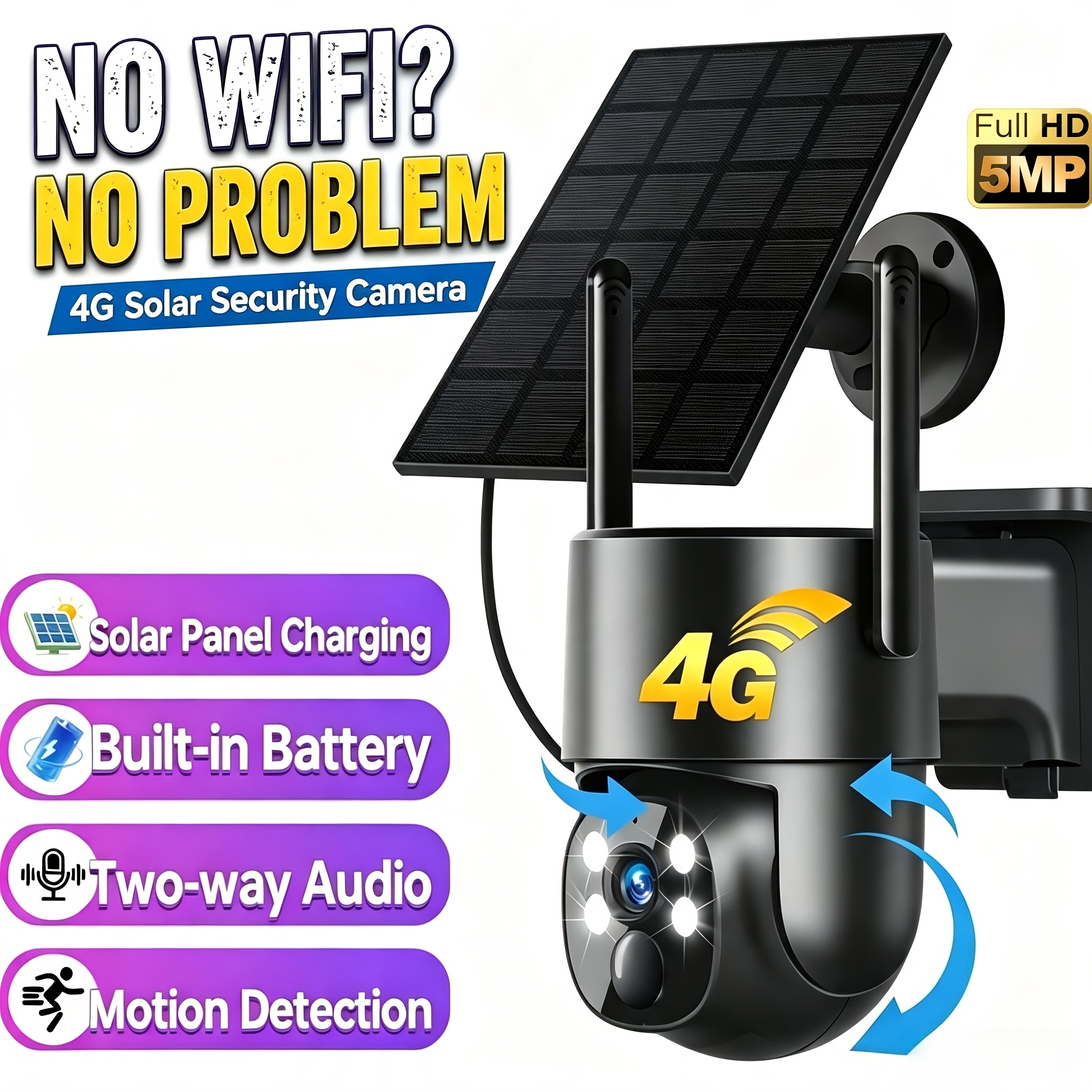 TEMU 4g Lte Solar Security Camera Wireless Outdoor, 5mp 360° Ptz Panoramic With Ai Human Detection Auto Tracking, Color Night Vision, Audio,