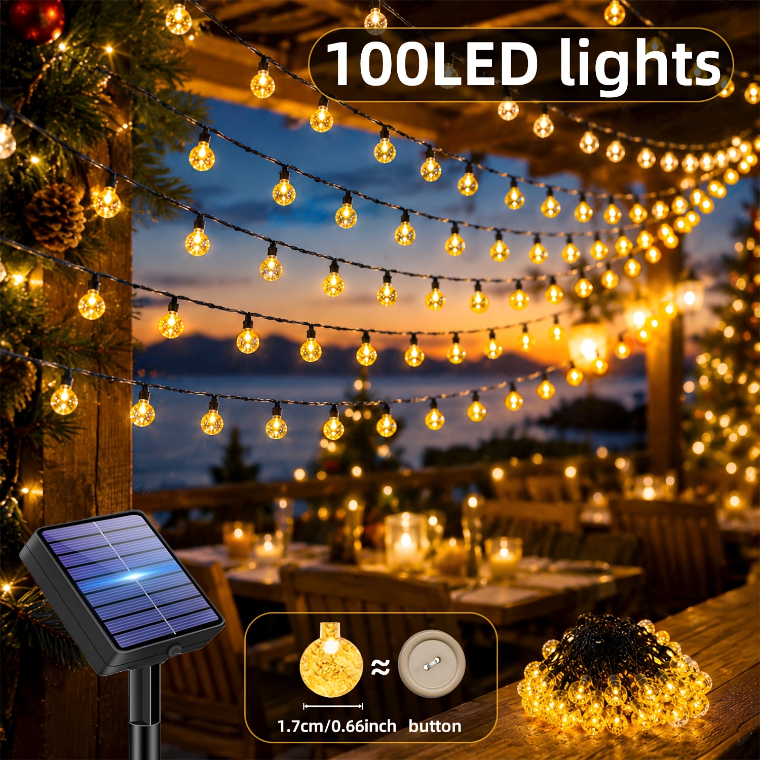 TEMU Solarbetriebene Lichterkette für den Außenbereich, 100 LED/12M Hänge-Lichterkette für Hof, Garten, 12 Beleuchtungsmodi. 3 Lichtfarben verfügbar:
