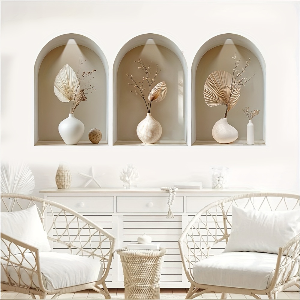 3 pièces Autocollants Muraux Fenêtre Arquée Simulés - Design Moderne Vase à Fleurs Séchées, PVC Adhésif Durable Couleur Crème pour Surfaces, Décor Salon Chambre Bureau, Accessoires Élégants, Finition Brillante, Stickers Décoratifs, Design d'Intérieur