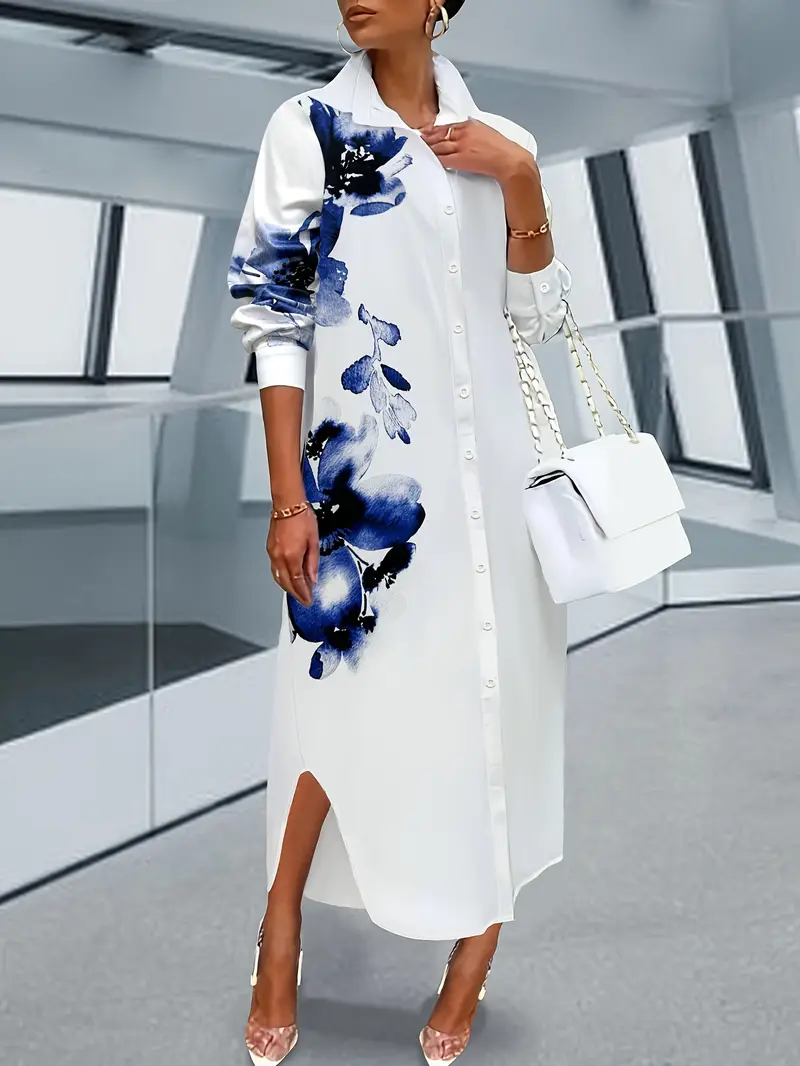 Casual Long Sleeve Shift Dress With Flared Hem And Floral Print, Polyester Fabric, Machine Washable, Spring/Autumn Casual Long Sleeve Shift Dress With Flared Hem And Floral Print, Polyester Fabric, Machine Washable, Spring/Autumn