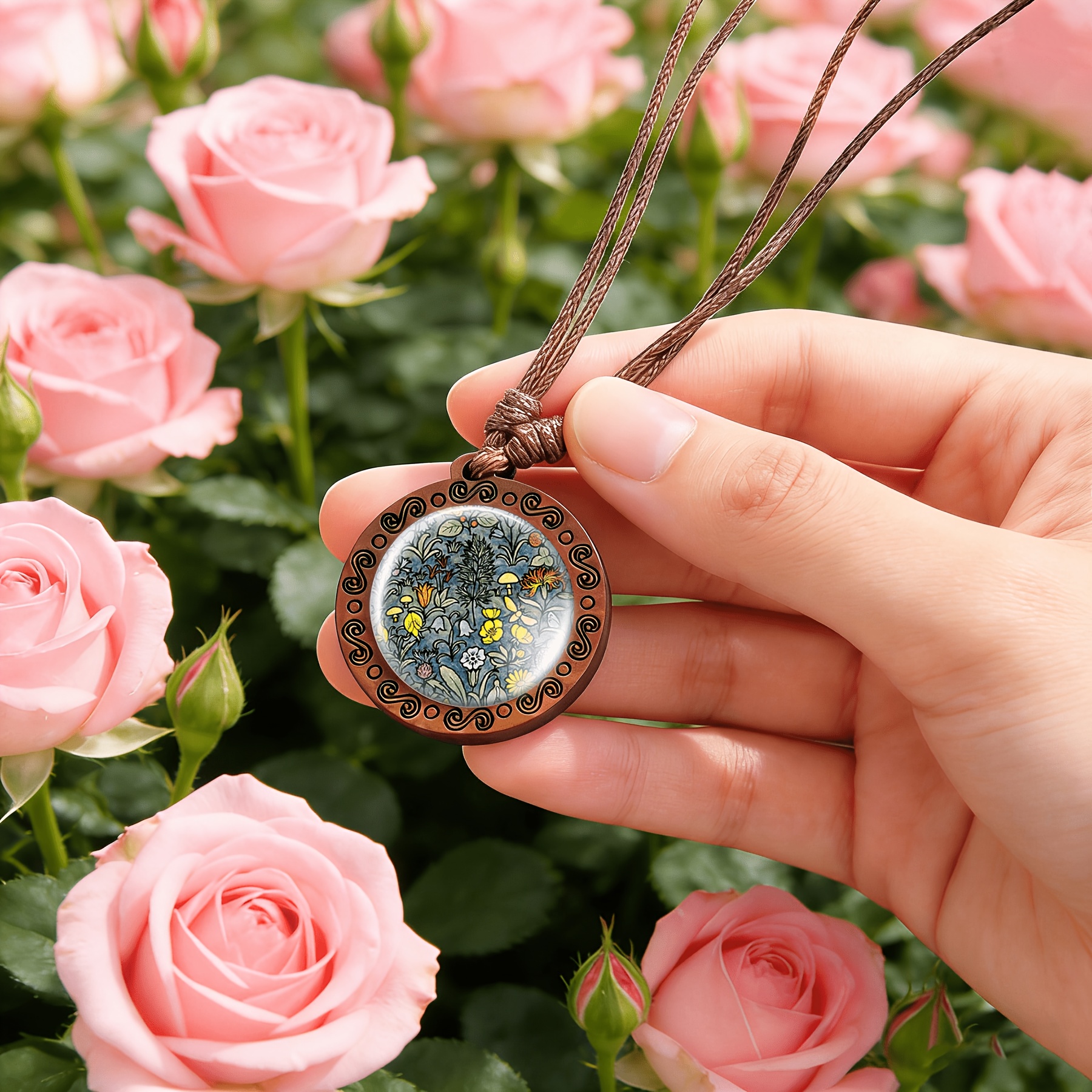 Handmade Vintage Synthetic Wood Pendant Necklace with Circular Pattern