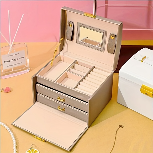 Caja de joyería de cuero vintage con bandeja extraíble, espejo y cerradura - Almacenamiento de 3 capas para collares, pendientes, relojes | Organizador de mesa multipropósito con cajones | Ideal regalo para el Día de la Madre, San Valentín, Navidad, Halloween, Cinco de Mayo | Diseño rectangular sin terminar con cierre de llave | Interior de tela | No necesita electricidad, Cajas de joyería