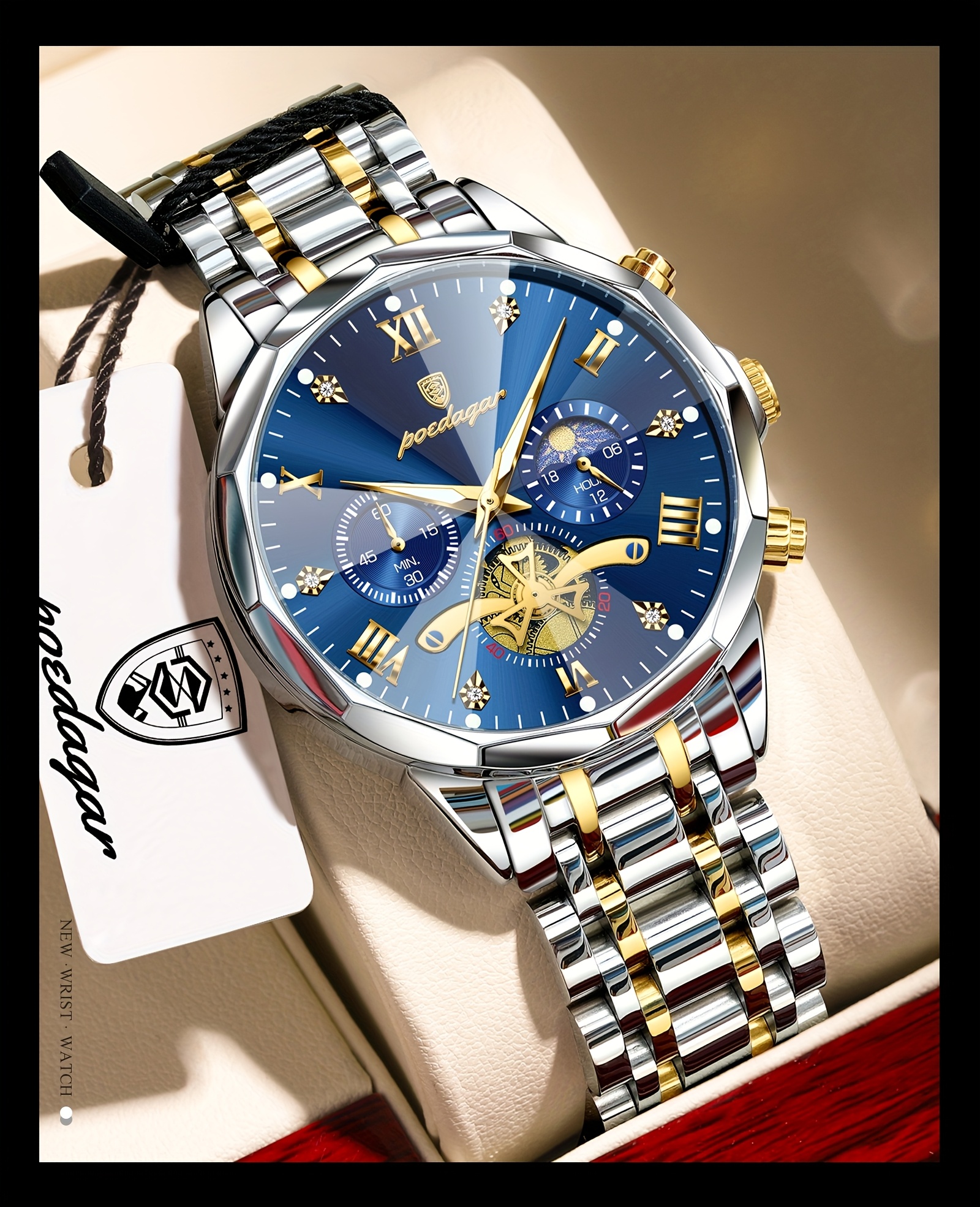 Luxe Stalen Band Herenhorloge Lichtgevend Waterdicht Chronograaf Dag En Nacht Display Heren Polshorloge