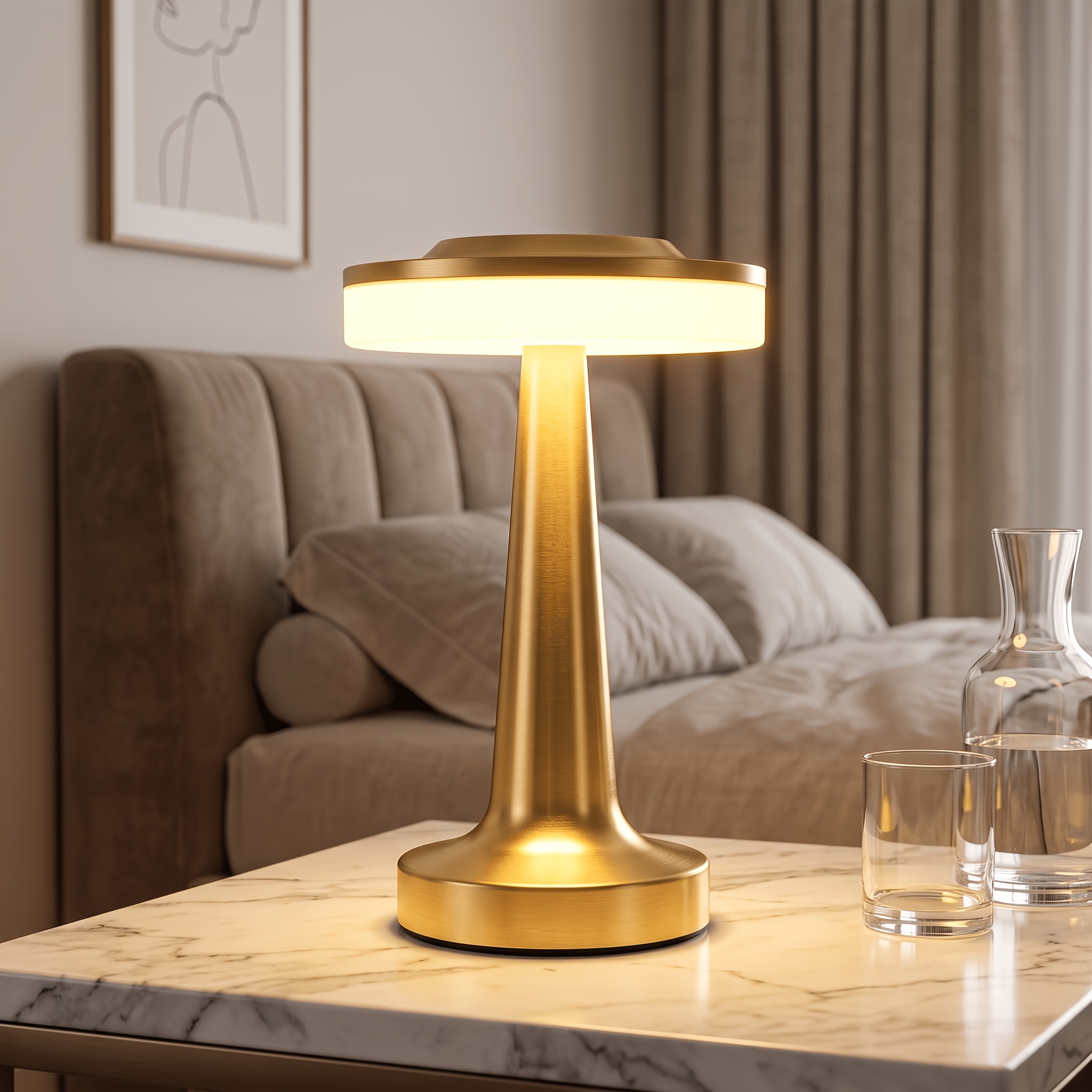 TEMU Rechargeable Dumbbell Desk Lamp Is In Golden Color. A Portable Lamp With Three-color Adjustable Dimming, Long , Touch Control Operation, And Is