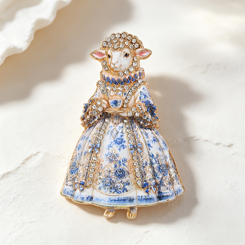TEMU Floral Long Dress Sheep Studded Rhinestone Enamel Brooch, Handheld Teacup Flower Grass Pin, Suitable For Suit, Coat, Dress, Gift For Literary,