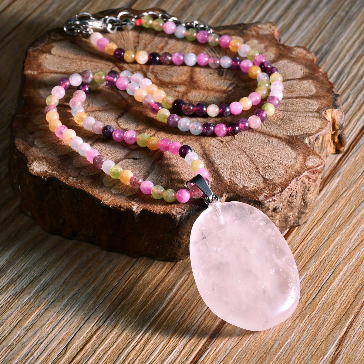 Boho Pink Quartz Pendant Necklace Colorful Natural Stone Beads 