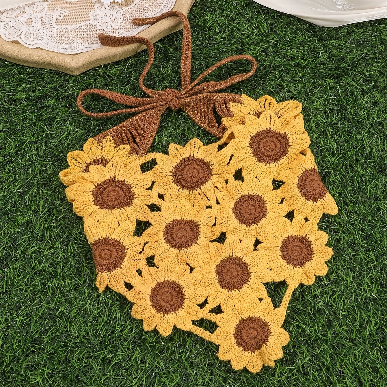 TEMU 1pc Bohemian Sunflower Hand Crochet Headscarf, Hollow Floral Bandana, Sweet Vacation Hair Accessory, Perfect For Beach/photography/daily Wear
