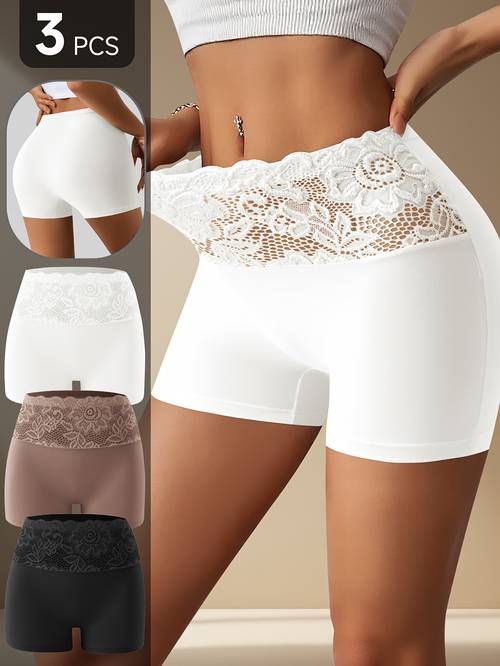 3pcs womens contrast lace high waist shaping tummy control lifting shorts with lace trim breathable and soft for yoga fitness and casual wear