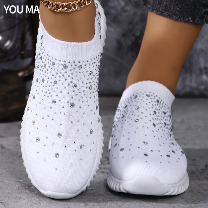 TEMU Women's Slip On Sneakers Sparkly Knit Walking Shoes Breathable Mesh Athletic Footwear Casual Bling Tennis Shoes Flat Loafers For Daily Wear Work Travel Trendy Lightweight Ladies
