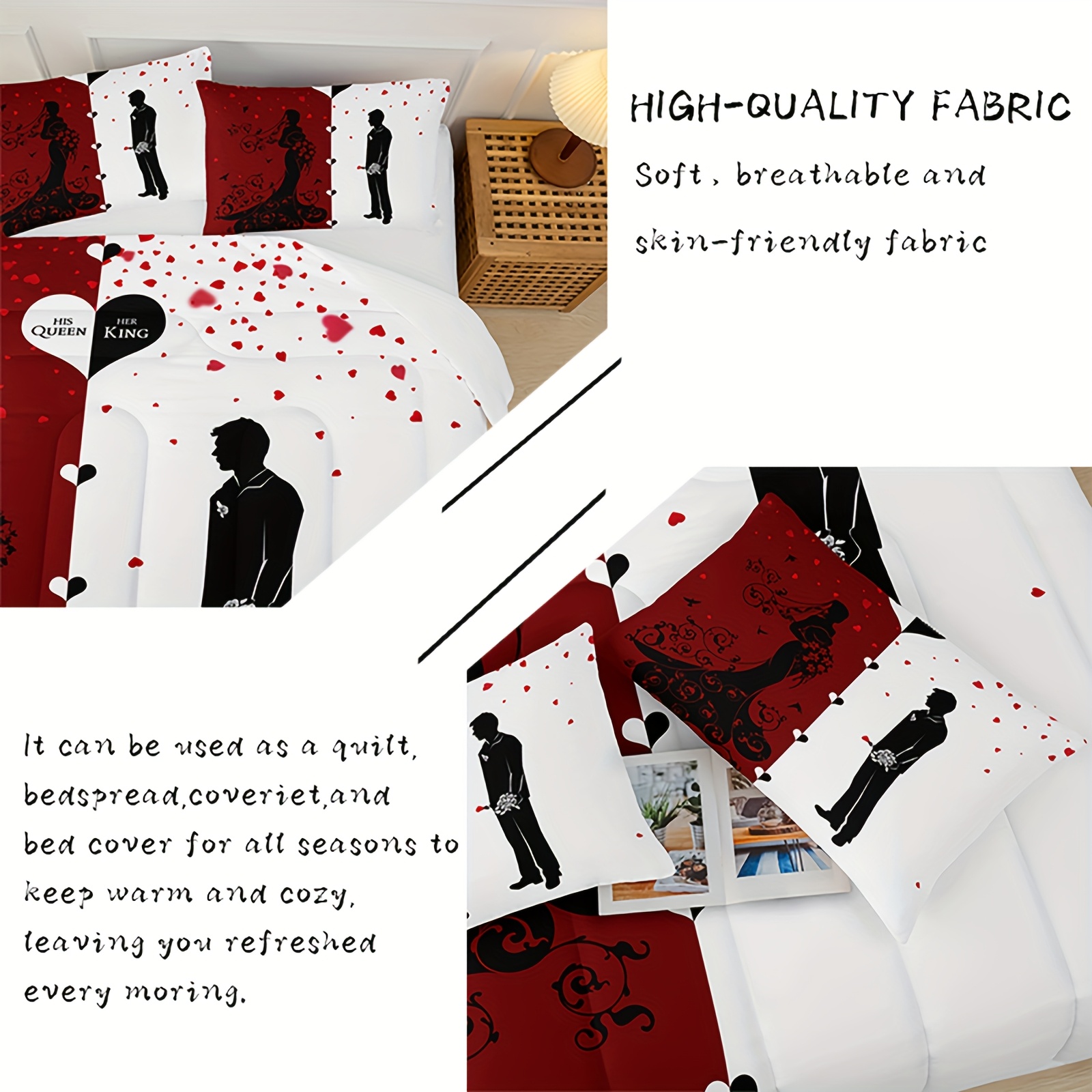3pcs set valentines day love comforter set red and white bedding set 1 bed comforter 2 pillow cases   comforter soft comfortable and breathable printed bedding for home dorm decoration Product details 3