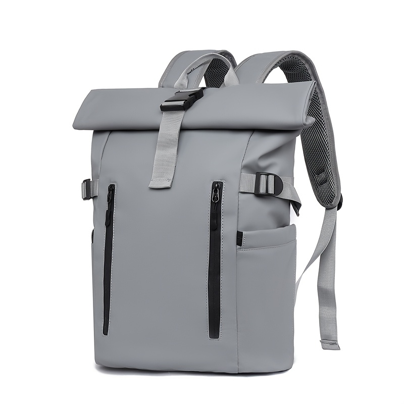 Unisex Travel Backpack, Lightweight Roll-top Design with Anti-theft Zipper, Fashionable Premium Fabric, Black and Gray