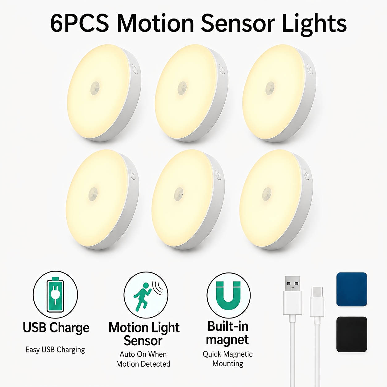 TEMU 6pcs Set Of Motion Sensor Night Lights With 3 Lighting : Sensor-activated, -on, And Dimming Via Long Press. Features A Built-in Battery And Usb