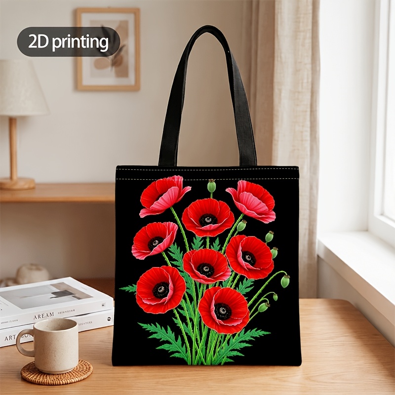 TEMU Men' & Women' Unisex Tote And Crossbody Bag With Red Poppy Print On Black - Machine Washable Shoulder Bag Suitable For Daily Commute, Shopping,