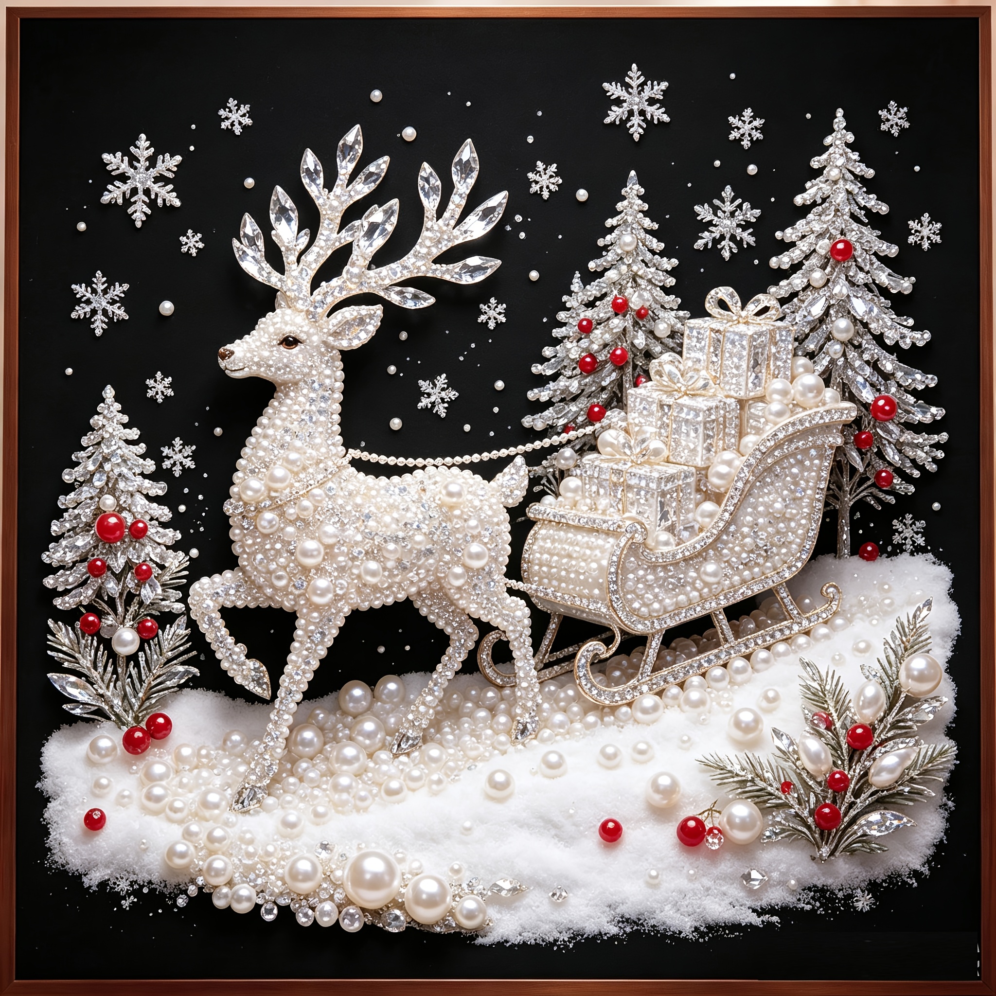 TEMU 2d Flat Diy Pearl Diamond Painting Kit, Winter Christmas Atmosphere, Reindeer Pulling A Sleigh Full Of Gift Boxes, 's Entire Body Is Inlaid With
