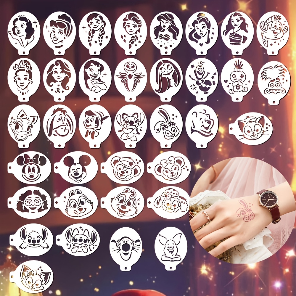 Image of 36pcs Face Paint Stencils For Crafts, 6 X 8cm Official Characters Stencil With Stitch, Mouse, , Anna, , Cinderella, , , For , Duffy, - Reusable Designs Diy Templates For Party Decorations