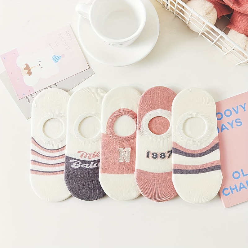 

5 Pairs Women's Thin No Show Socks, Fashionable Invisible Boat Socks, Multicolor Cute Casual Ankle Socks