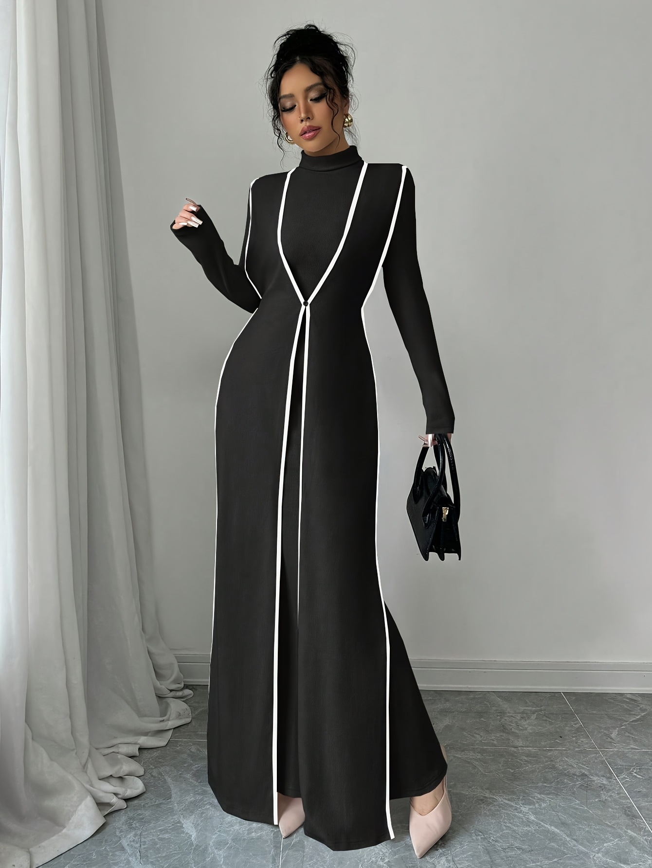 Spring and Summer Women's Elegant Fashion Simple Solid Color Two-Piece High  Neck Dress with Color-Crossing Design Sleeveless Long Jacket Dress Set