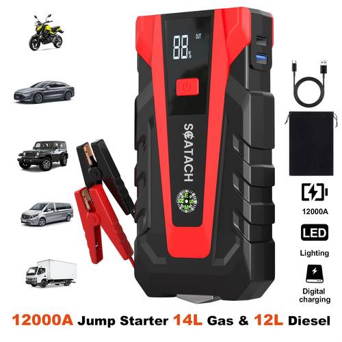 12000a car battery starter 12v to 14 0 gasoline engine and 12 0 engine portable starter power led display screen portable jumper box with 3 flash and jumper cable