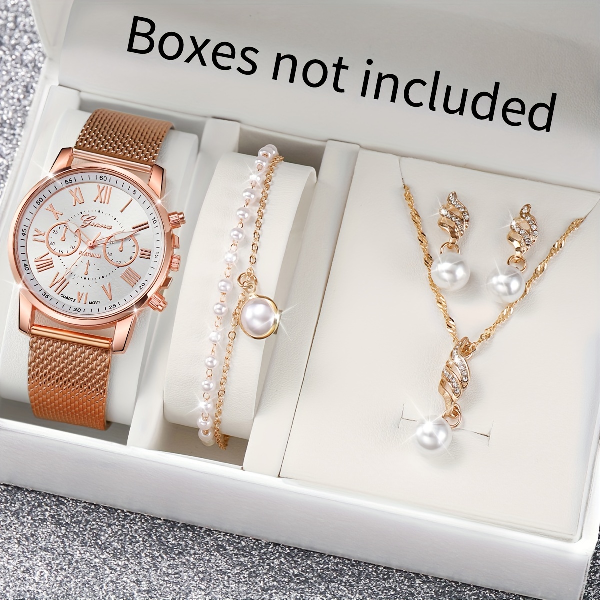 

5pcs/set Women's Casual Fashion Quartz Watch Analog Roman Numerals Wrist Watch & Faux Pearl Jewelry Set, Gift For Mom Her