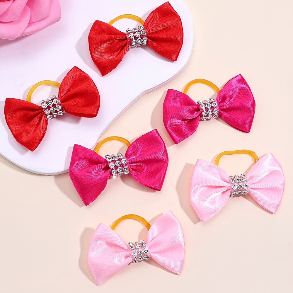 TEMU 6pcs Pet Hair Ties With Bow Adorable Rubber Bands For Puppy Doggy Solid Color Hair Accessories For Pet Supplies For Valentine's Day Dress Up