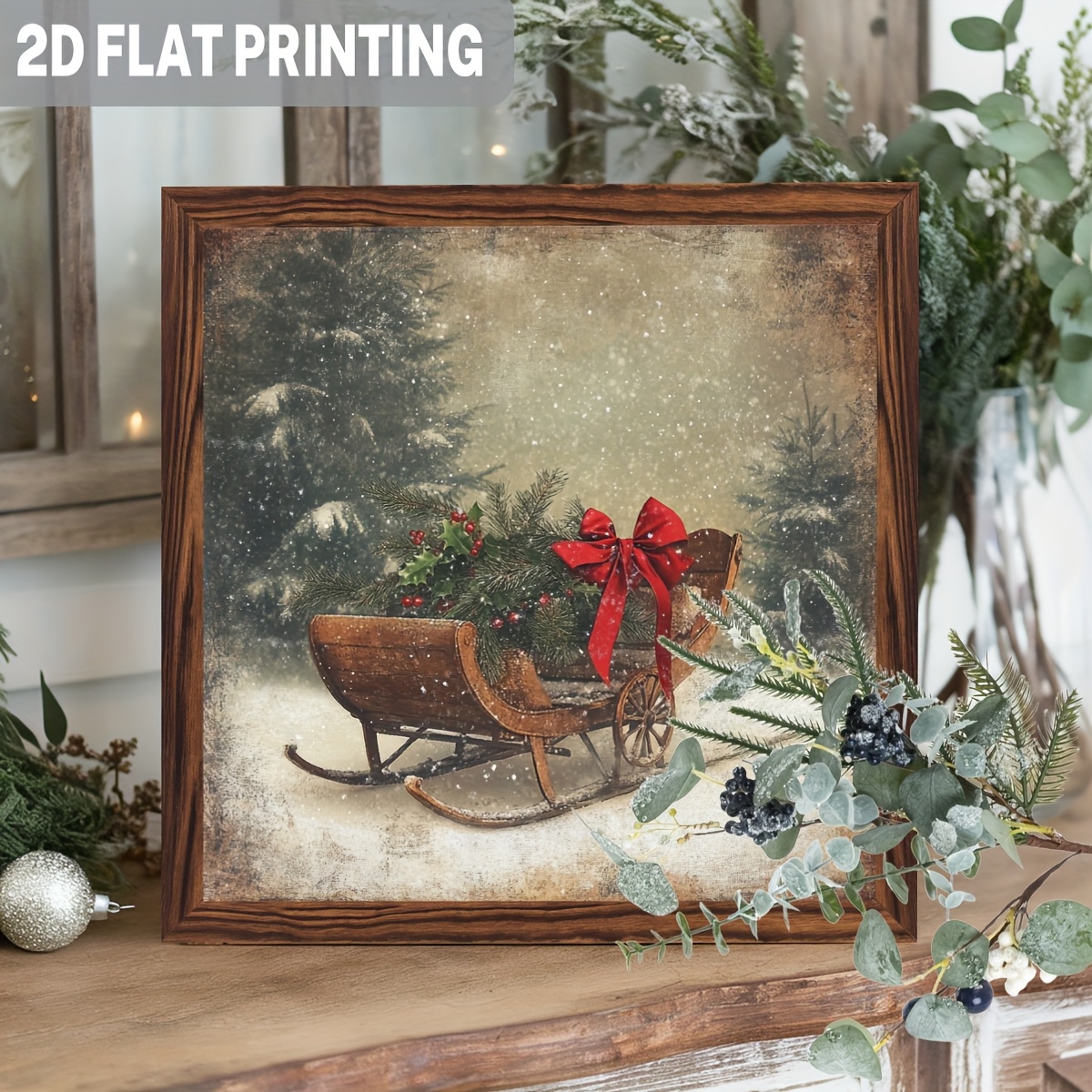 TEMU 2d Flat - Wooden Decorative Sign, Featuring A Vintage Christmas Sleigh With Red Bow, Perfect For Winter Wonderland Wall Decor In Home, Kitchen,
