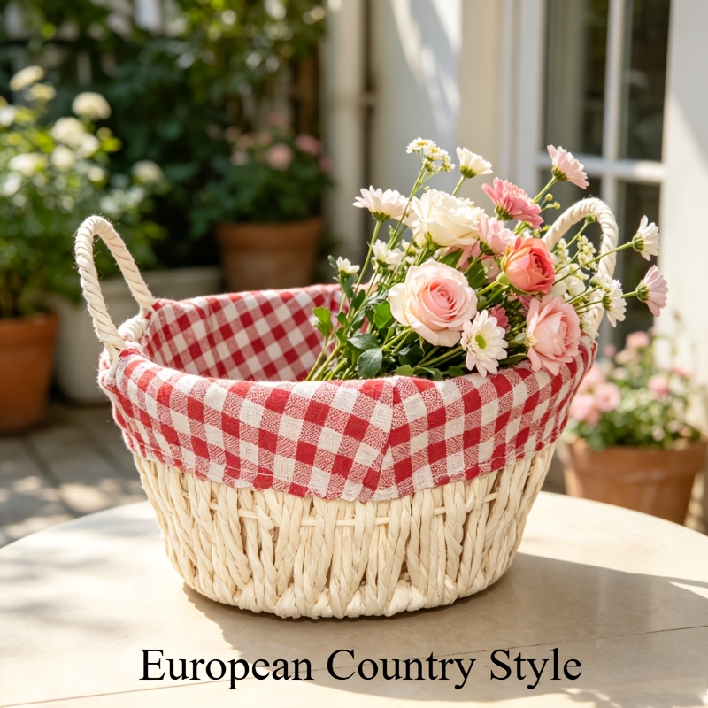 TEMU Housewares Round Basket With Gingham Lining - Red | Bohemian-style Picnic Basket | European Country-style Basket | Home Kitchen And Bathroom