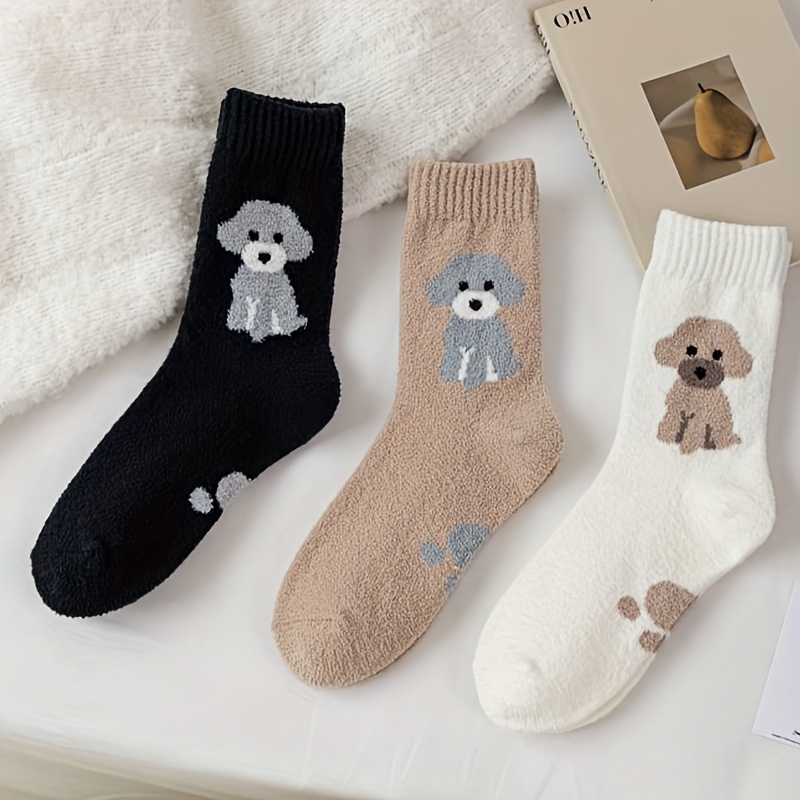 

3 Pairs Women's Mid Calf Socks, Winter Warm Fleece-lined Double-sided Plush Dog Pattern, Knit Fabric, 95% Polyester 5% Spandex, 280g/m², Animal Design