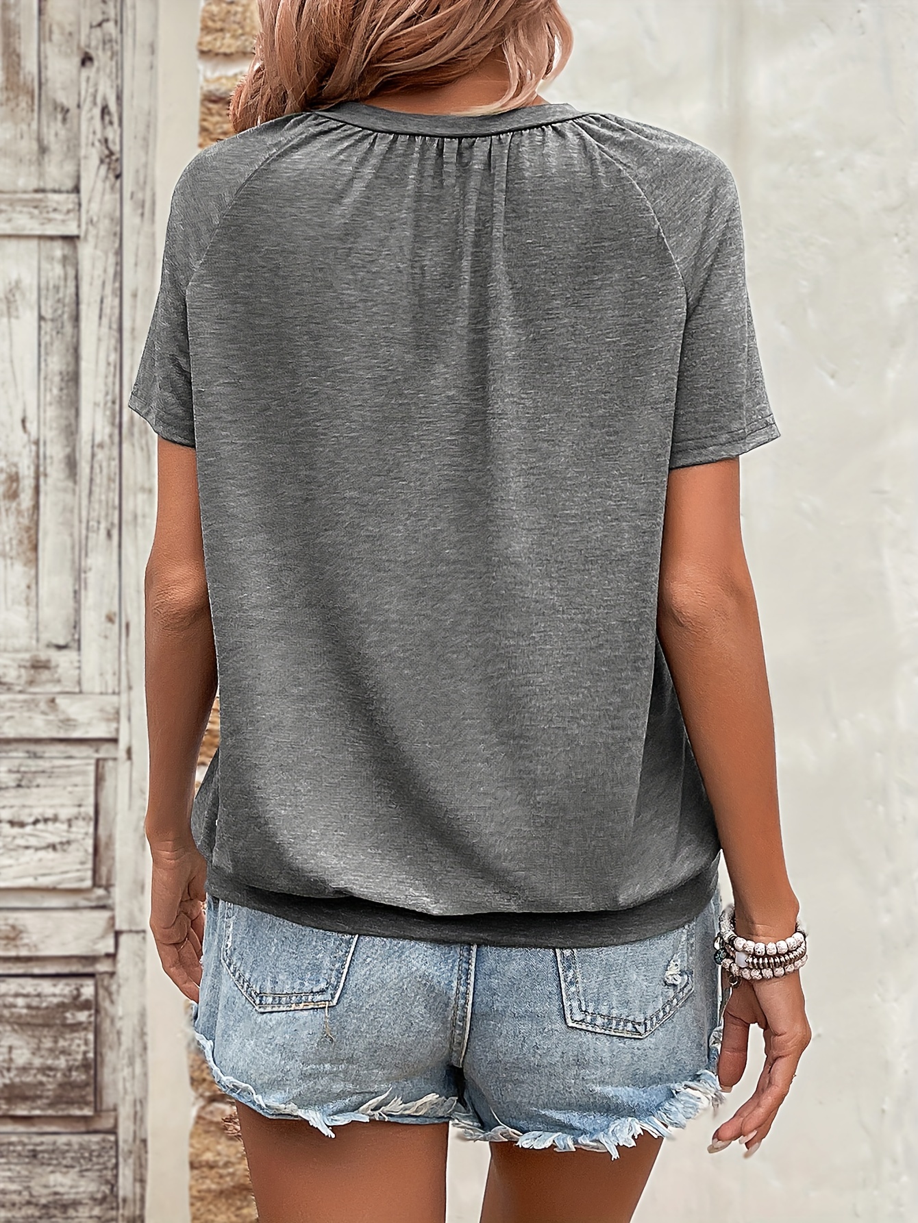 Solid Color V Neck T-Shirt, Casual Short Sleeve T-Shirt For Spring & Summer, Women's Clothing