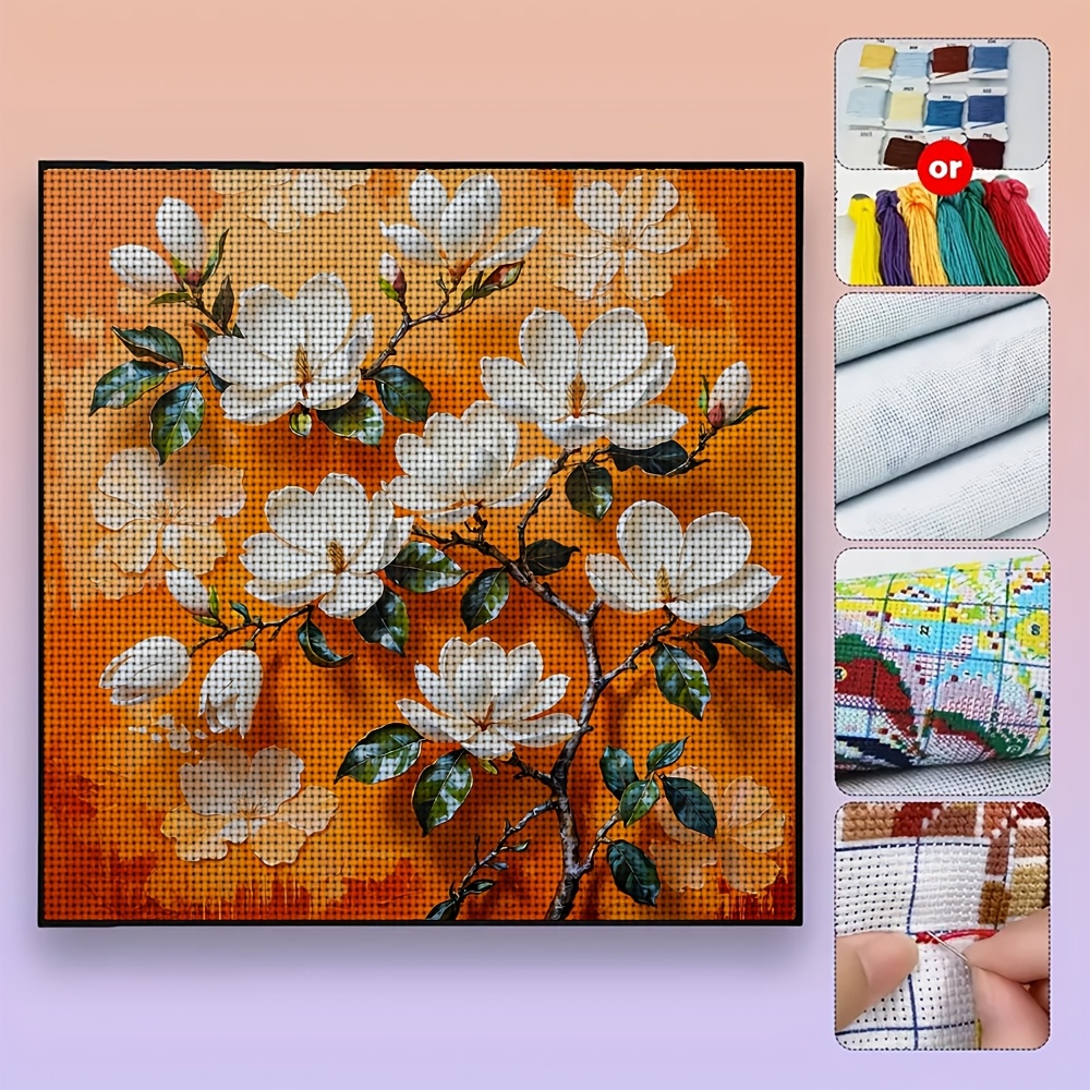 DIY Cross-Stitch Printed Kit, "White Magnolia on Orange Background" Pattern