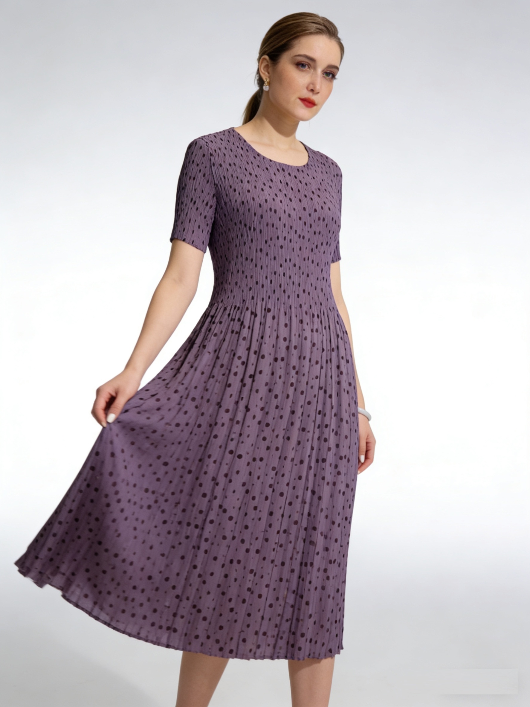 strapless open back dress Purple and White Polka Dot Dress