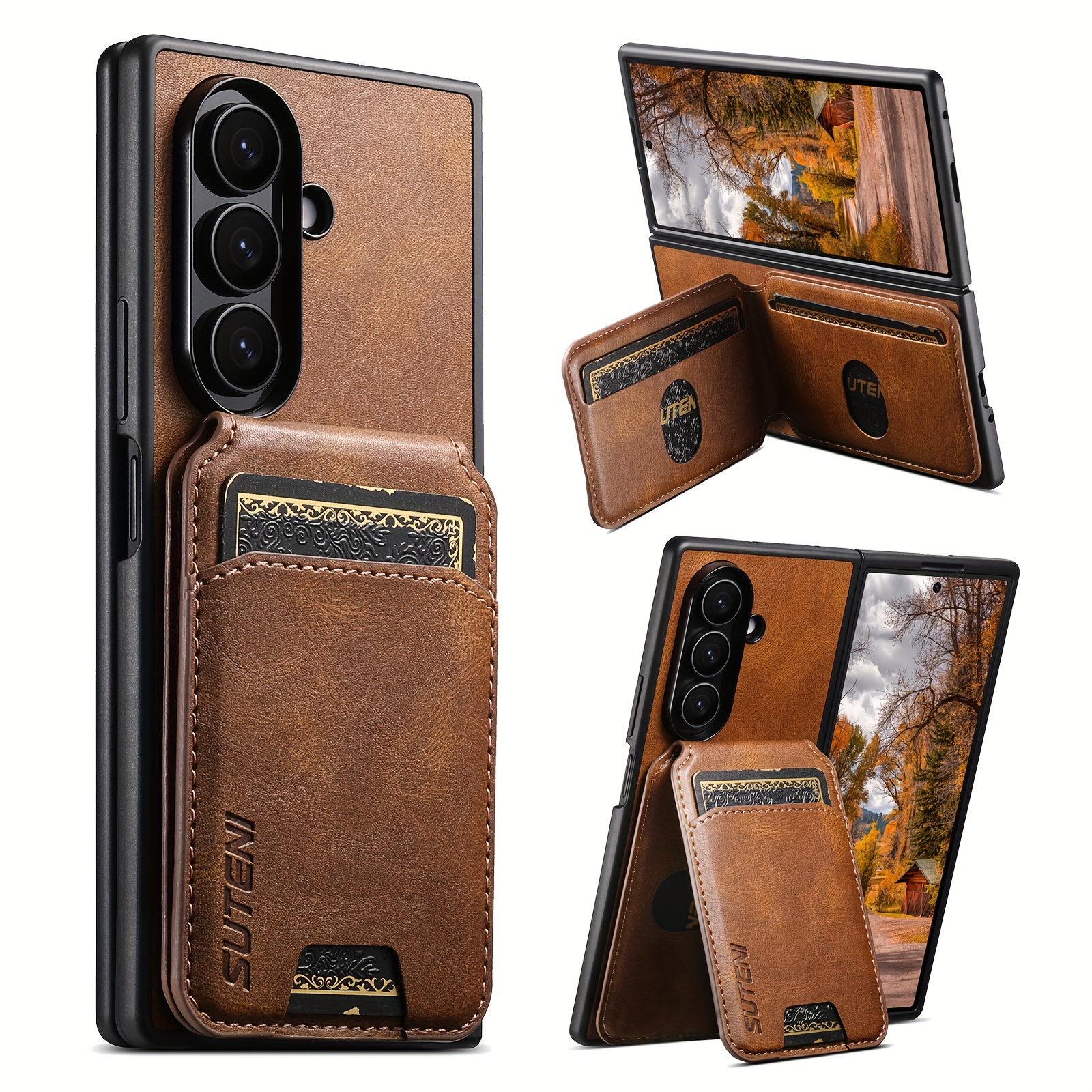 phone case   luxury faux leather oil wax   phone case card holder stand for galaxy z fold 7 6 5 for unisex relatives friends and elders holiday gift
