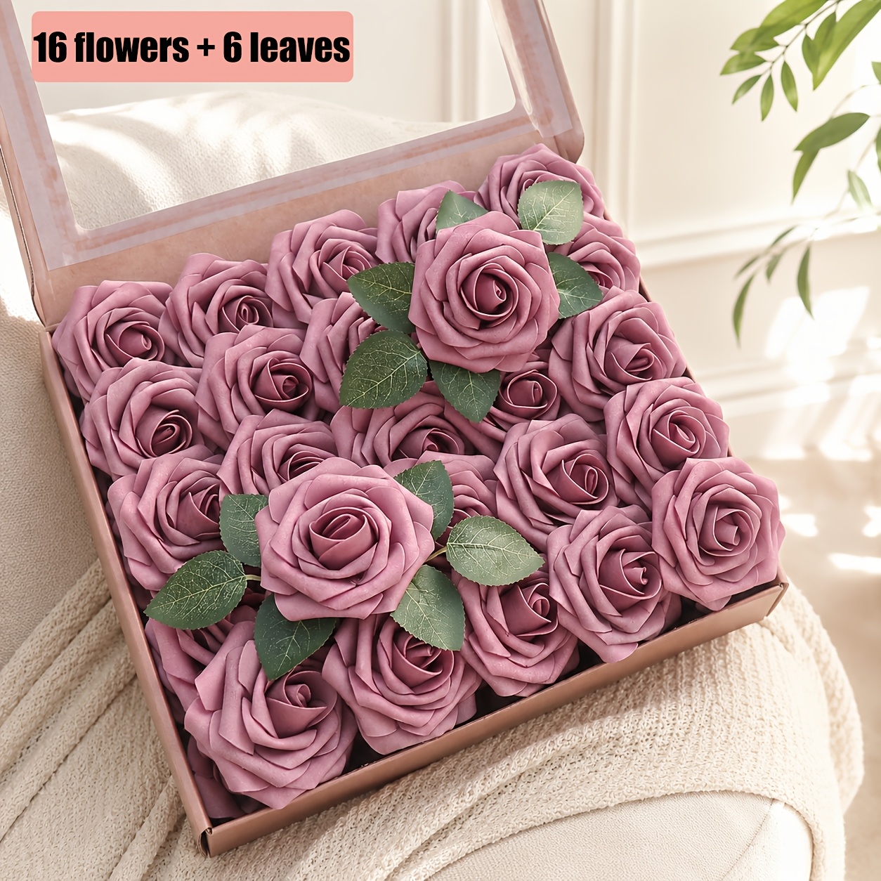 TEMU 22pcs Artificial Rose Set Includes 16 Faux Flowers + 6 Artificial Leaves. Foam Roses With Stems And Green Foliage, Realistic Touch. Suitable For