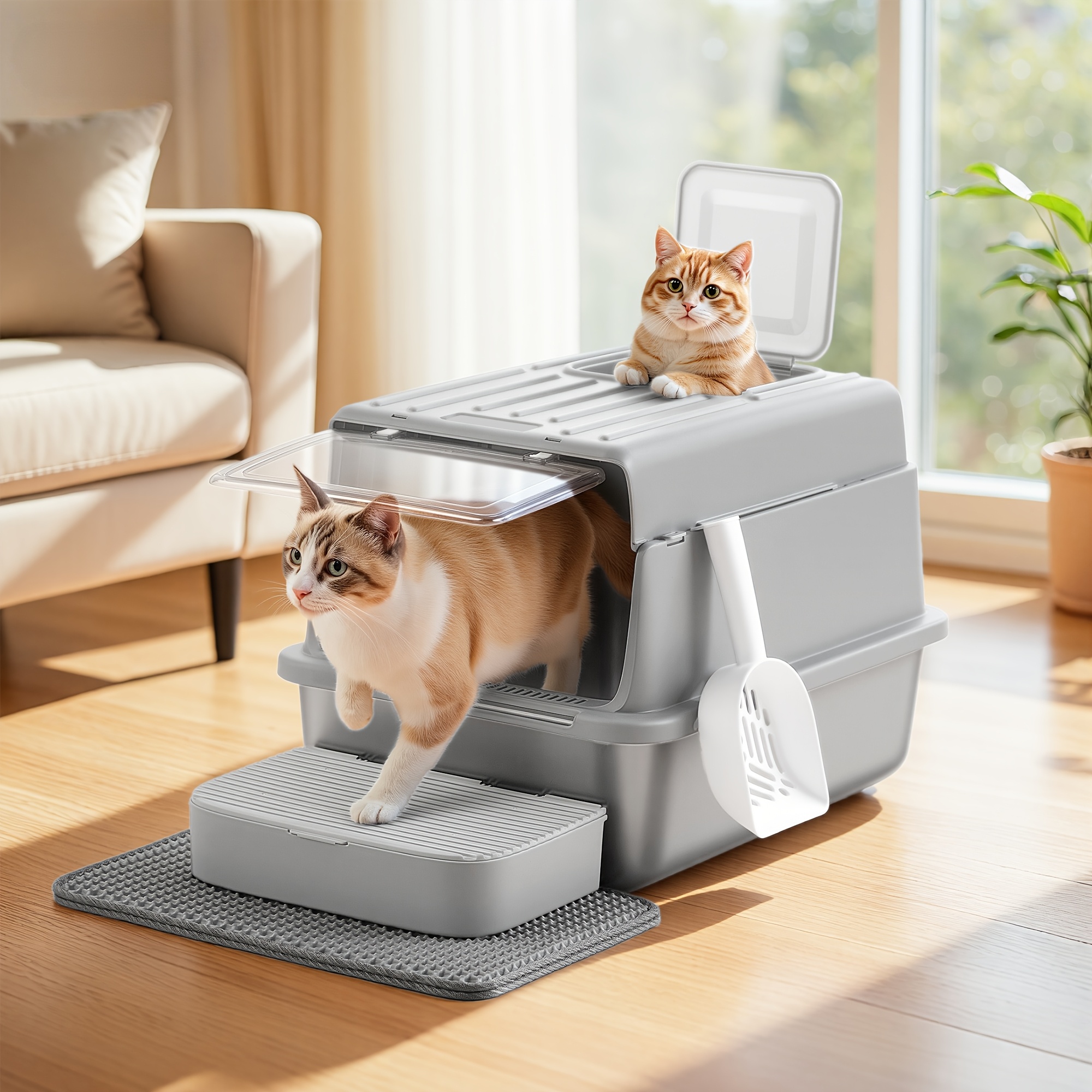 TEMU Inodoro Metálico para Gatos con Puerta, Abatible, Pala, Alfombrilla para Excrementos, para Gatos Grandes