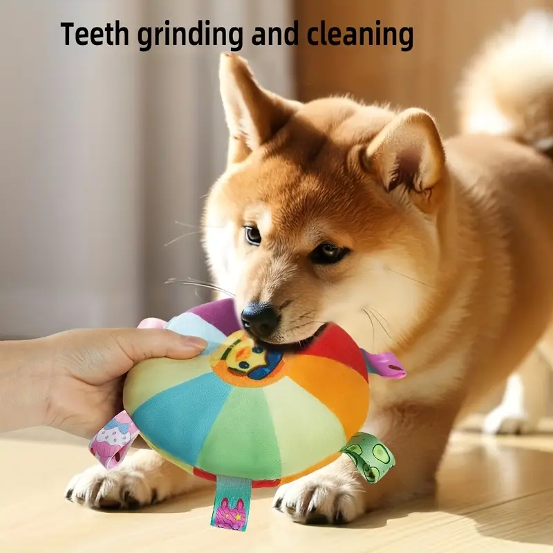 1pc interactive squeaky flying disc plush dog toy - chew-proof pet chewer, soft polyester training flying disc with border collies, puppies, medium dogs - indoor/outdoor play & teeth cleaning dental health toy, design, reinforced stitching details 4