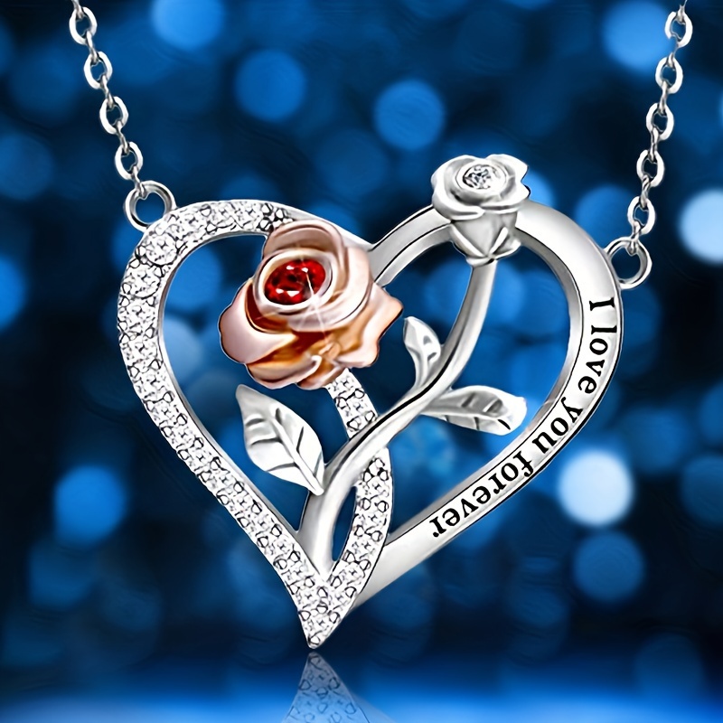 

Elegant Fashion Rose Heart Shaped Ladies Necklace 2 Tone Rose Flower Decoration, Birthday Anniversary Gift For Girlfriend, Wife, Mom, Daughter