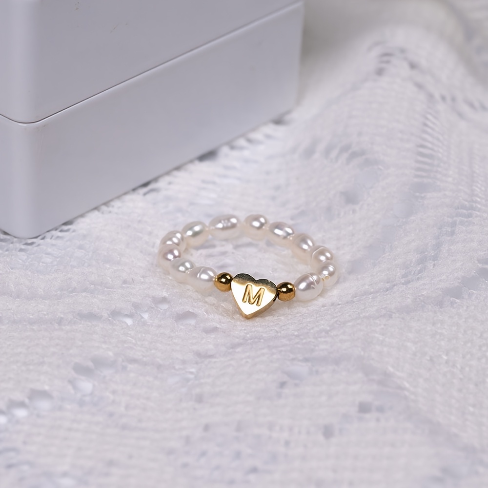 Image of Women' Heart Initial Ring With Ized Letter A-z & Freshwater Pearls Accent - Stainless Steel Minimalist Jewelry Gift For Valentine' Day, Anniversary, Birthday, Casual Attire