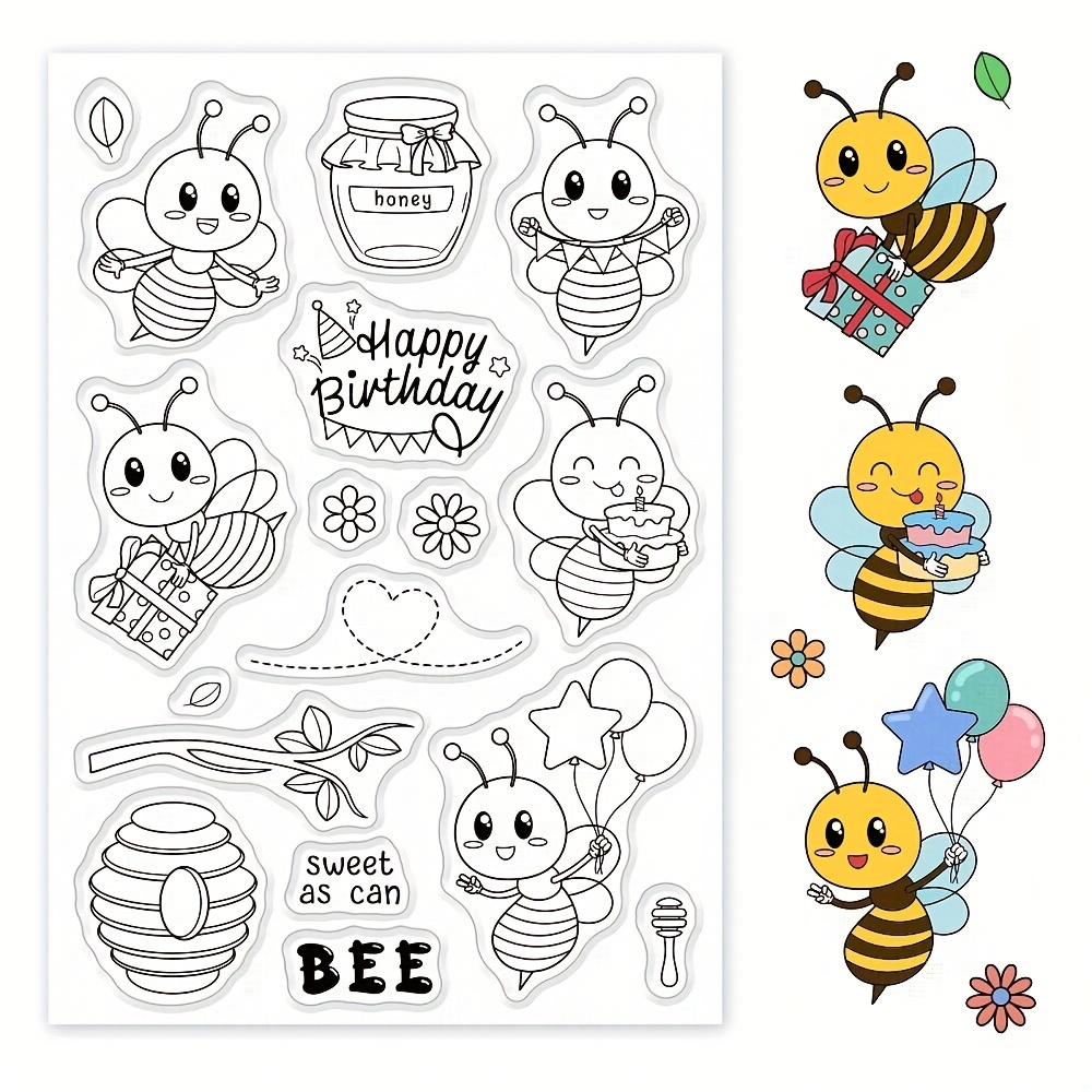 TEMU Bienen-Motiv Geburtstag Transparente Stempel Set - 1 Blatt Silikon Stempel für DIY Scrapbooking, Kartenherstellung, Fotoalbum Dekorationen -