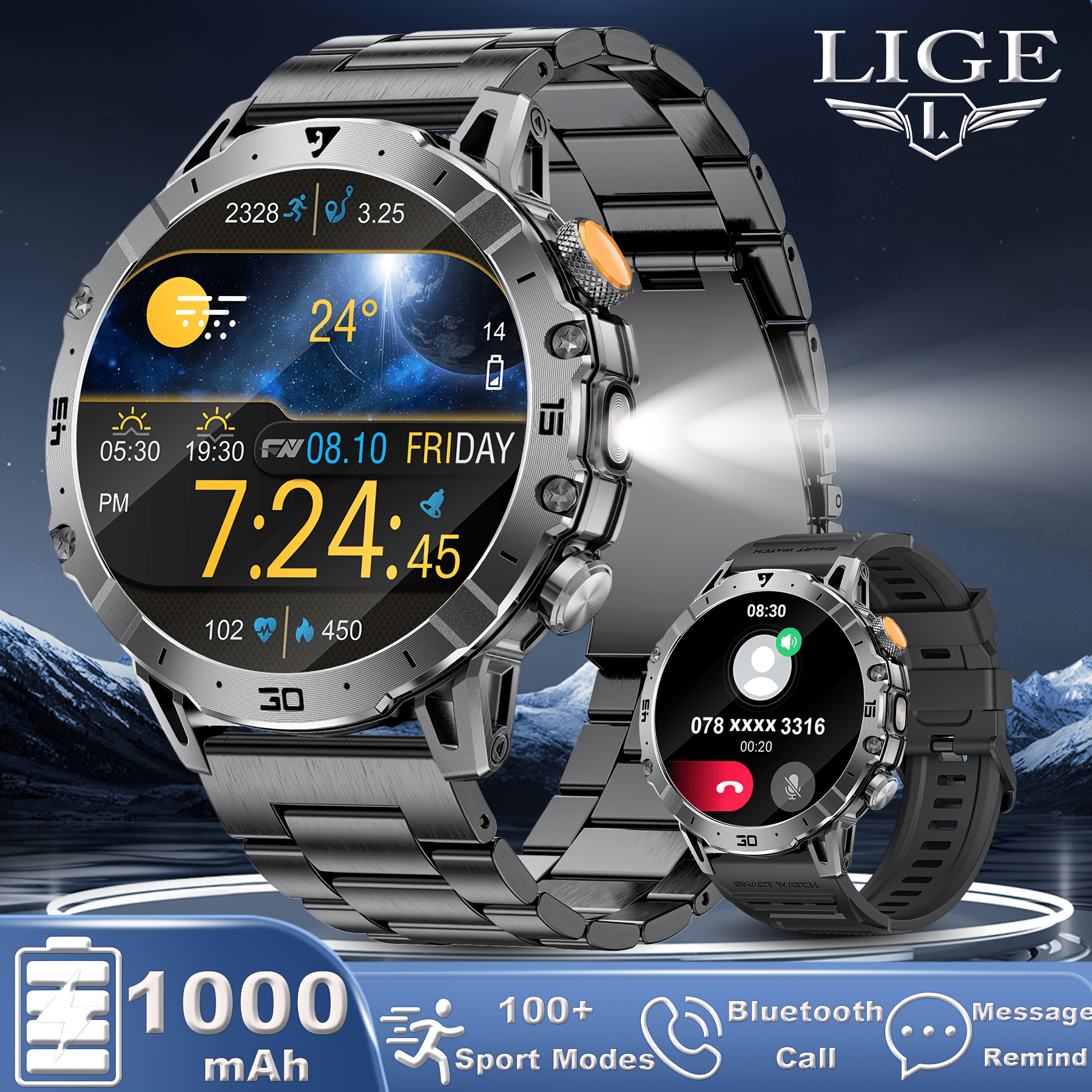 Image of Lige Men Smart Watch For Iphone And With Led Flashlight, Wireless Call, 1.7-inch Hd Screen, 100 Fitness , 1000mah Large Battery, Ipx8, Weather Display, Music And Camera Control, Gift For