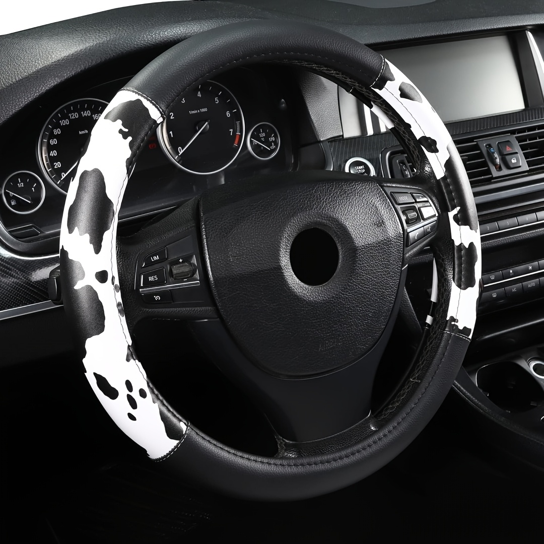 

1pc Cow Print Microfiber Leather Steering Wheel Cover, 15" Universal Fit, Non-slip Grip, Breathable & Car Accessory With