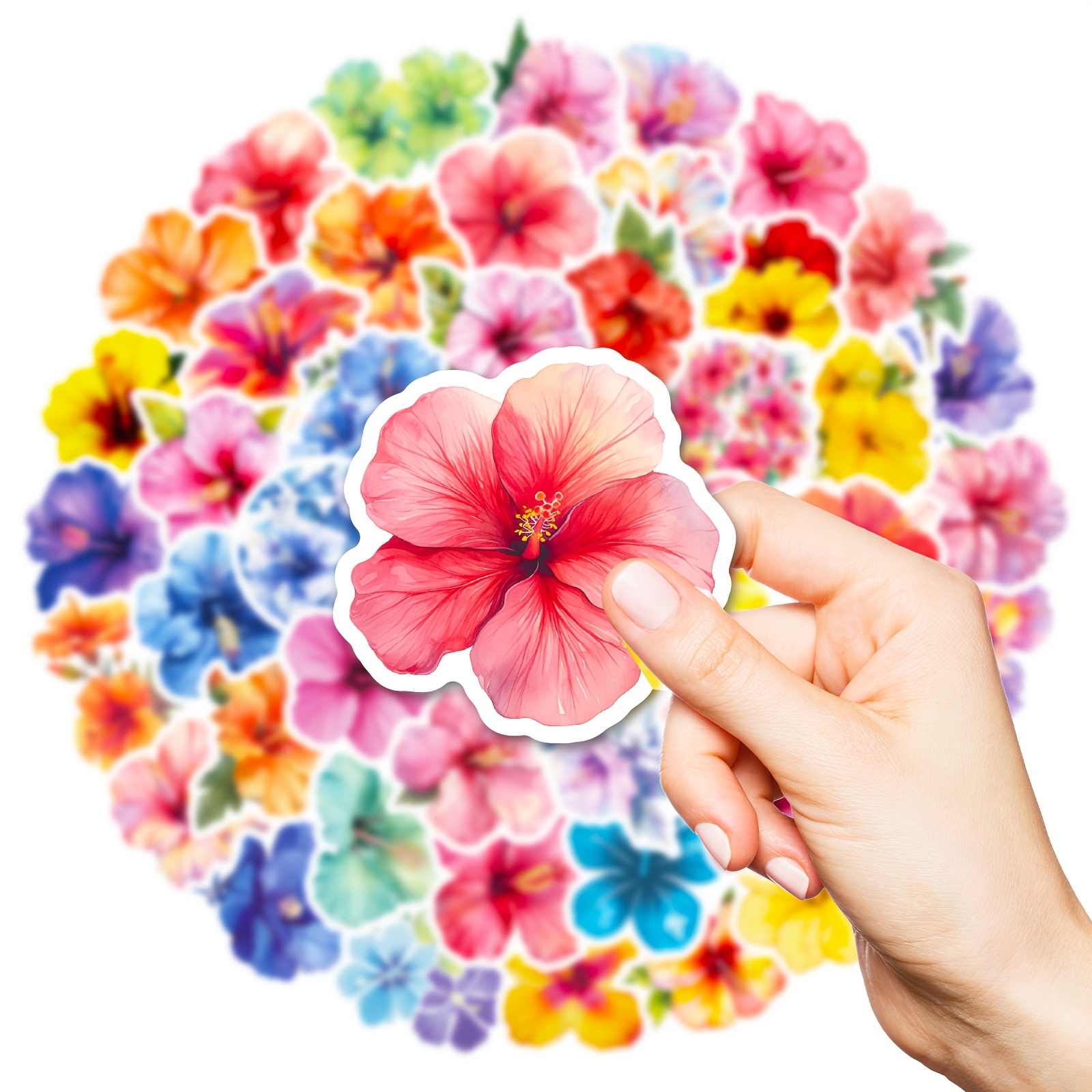 50pcs Graffiti Stickers, Colorful Hibiscus Flower Stickers For Teens And Adults, Non-repetition Spring Watercolor Flower Stickers For Suitcase, Ledger, Desktop