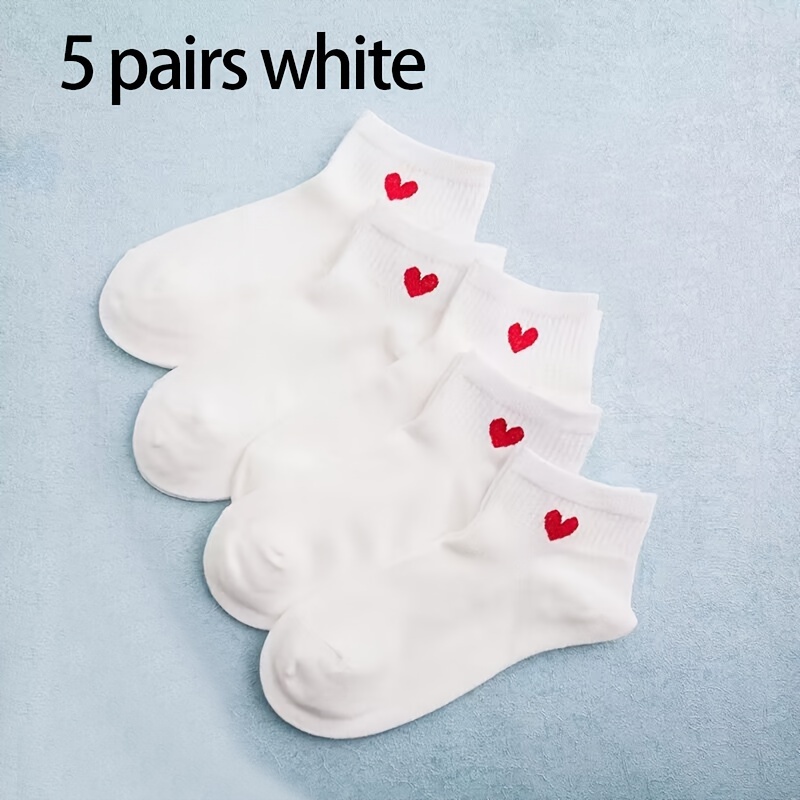 5 Pairs, 10 Pairs Of Socks, Women's Short Socks For Spring And Autumn Season, Thin Style, White And 's Day Heart Pattern