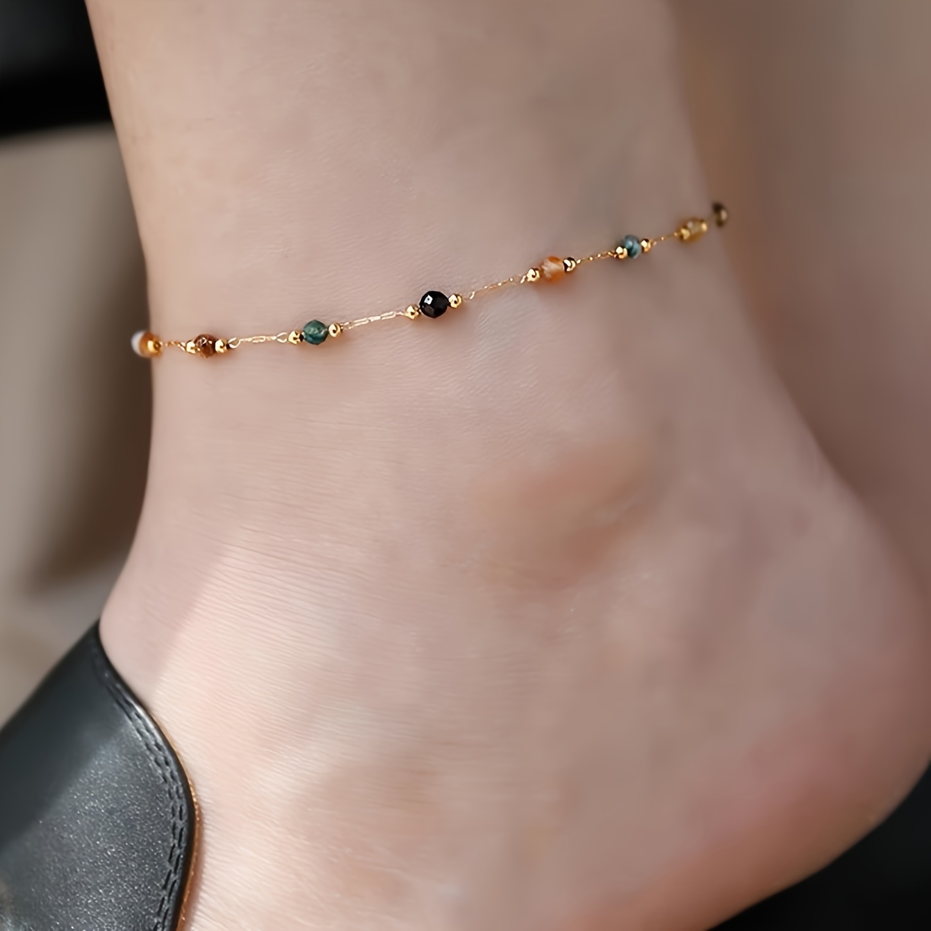 TEMU 1 Women' Steel Anklet With Colorful Natural Stone - Adjustable Elastic Beaded Chain, Suitable For Casual Festivals, Random Bead , No Gift Box,