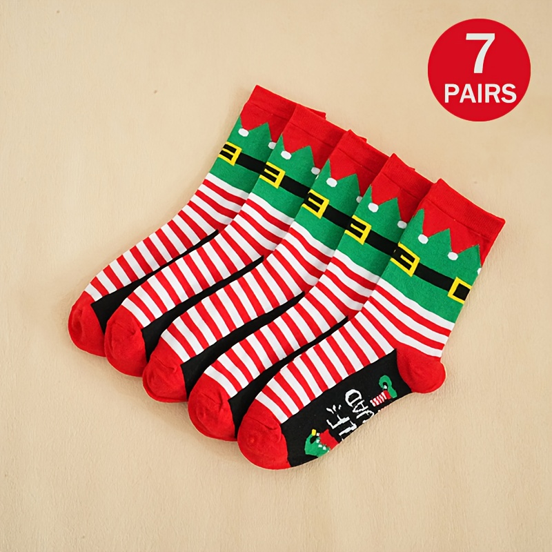Image of 7 Pairs & Teen Christmas Elf Socks - Festive Striped Mid-calf, Soft Warm, Cute Suitable For - Ideal Gift (machine Washable), For Teenager,fall And Winter Clothes