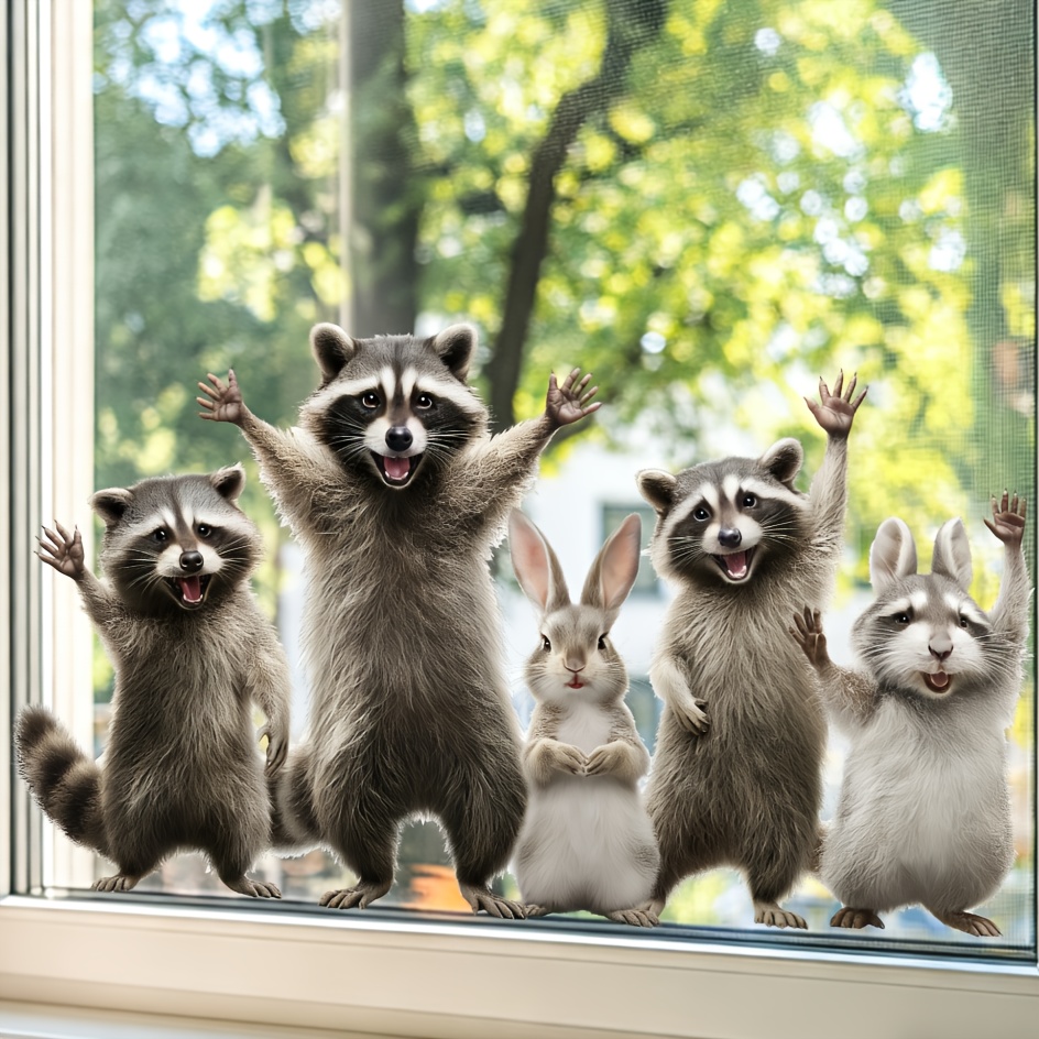 Spring Cute Raccoon And Rabbit Window Clings, Removable Self-adhesive Stickers, 5 Forest Animal Decorations, Suitable For Home And Holiday Window Decor
