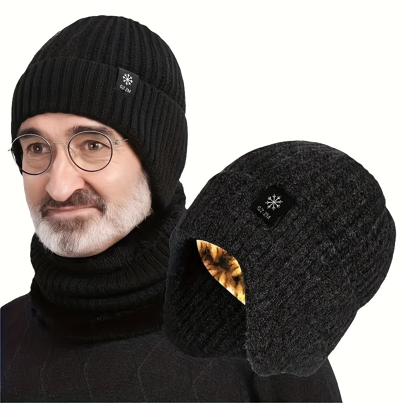 

2pcs/set, Men's Knitted Hats With Thickened And Plush Ear Protectors And Neck Covers For Autumn And Winter