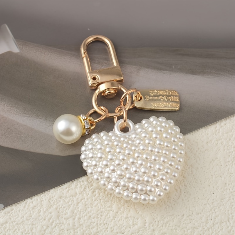 

1pc Heart-shaped Pearl Beaded Keychain, Earphone Case Bag Charm, Key Ring Pendant