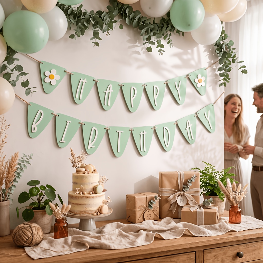 TEMU 1 Set Holz-Geburtstagsbanner „Happy Birthday“ – Minzgrüne rustikale Party-Dekoration mit Gänseblümchen, wiederverwendbare hängende Girlande für