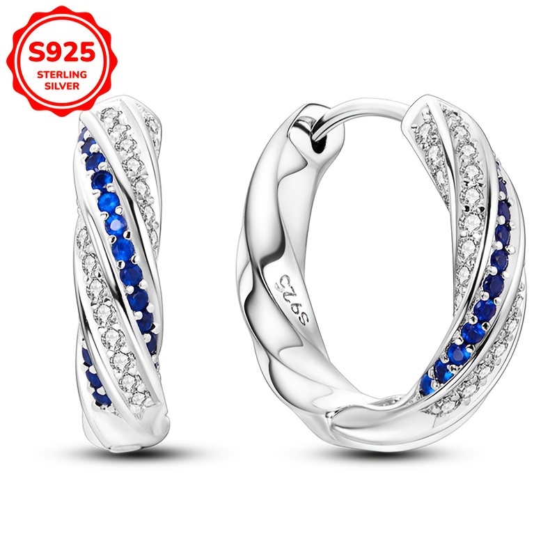 

High Quality Low Allergy S925 Pure Silvery Women' Ring Earrings Blue And White Synthetic Zirconia Twist Earrings Party Jewelry Gift Silvery Weight 4g